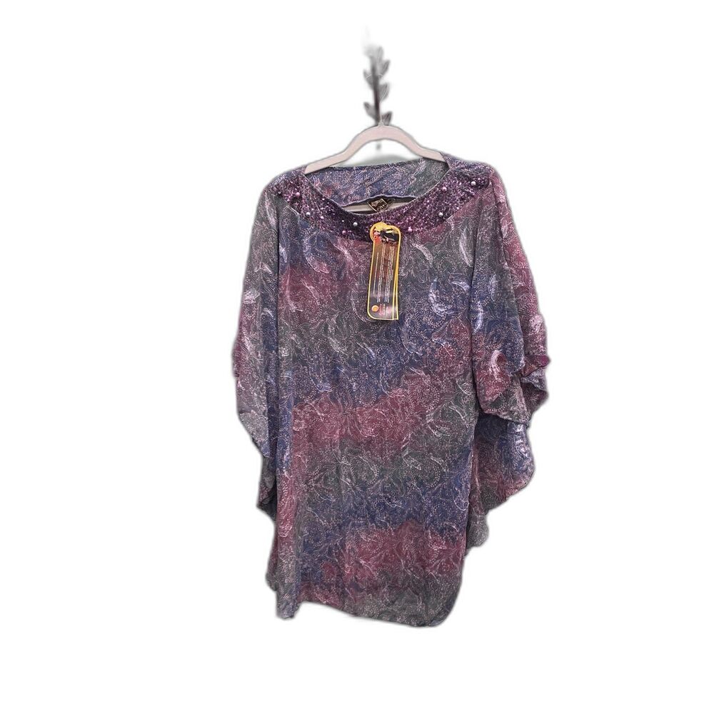 Boho Fairy Grunge qonita Batik Tunic Top Beaded Sequin Cottagecore Festival L XL